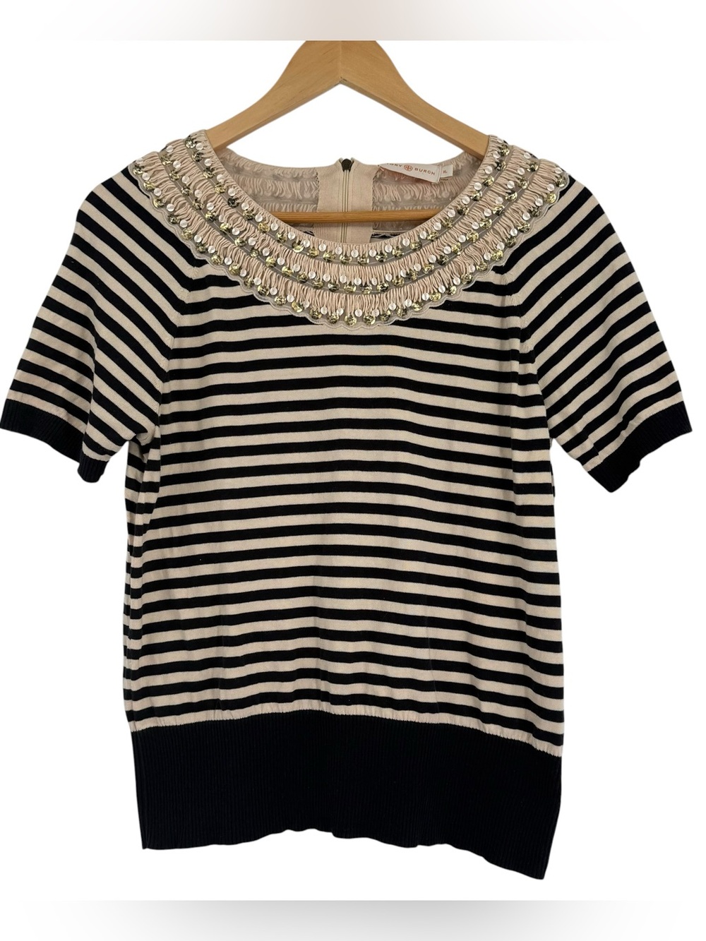 Tory Burch Blue Cream Stripe Cotton Short Sleeve Fringe /beaded Sweater Size XL
